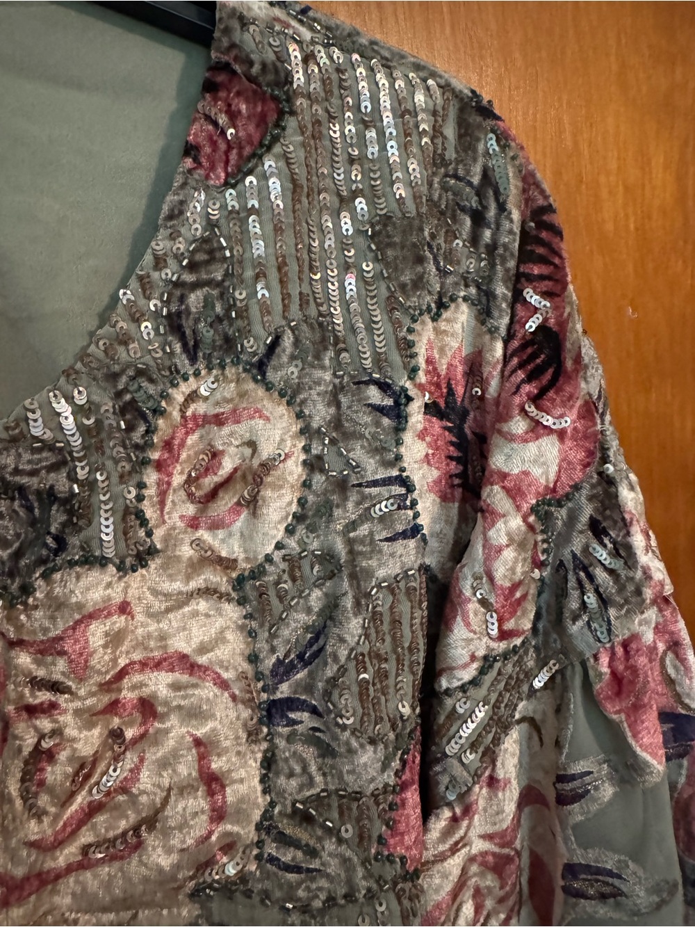 Free People Olive Green Floral Sequin Tie-Front Top - Picture 4 of 7